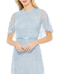 Sequined High Neck Flutter Sleeve A Line Gown - Powder Blue