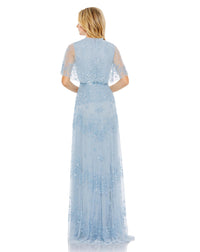 Sequined High Neck Flutter Sleeve A Line Gown - Powder Blue