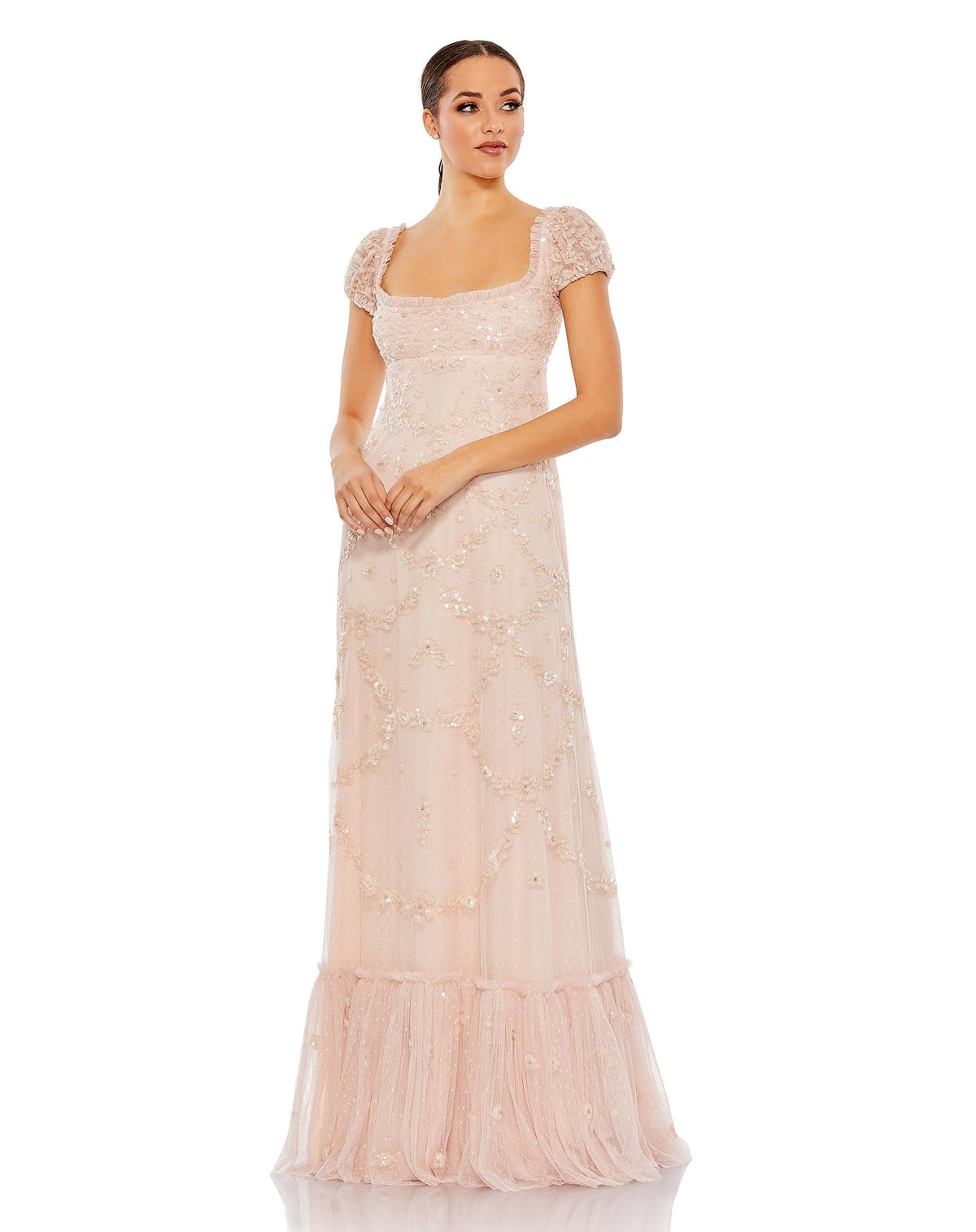 bridgerton dress, mac duggal Sequin Empire Waist Cap Sleeve Bridgerton Dress - Blush, Style #9194