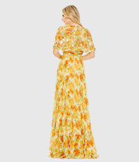 Floral Cape A line Modest Gown - Yellow