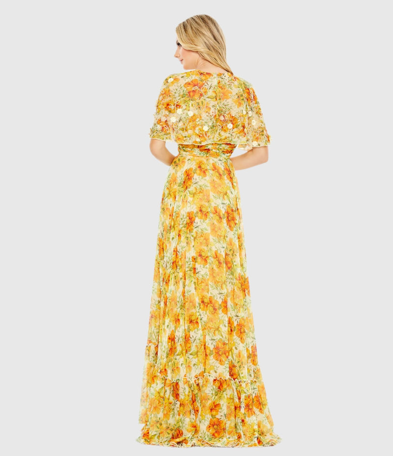 Floral Cape A line Modest Gown - Yellow