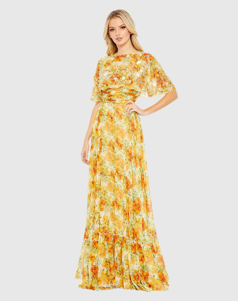 Floral Cape A line Modest Gown - Yellow