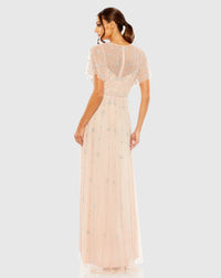 Light Pink V Neck Embellished Flutter Sleeve A Line Gown - Midnight