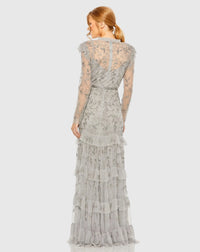 High neck flutter cap long sleeve tiered embellished gown - Silver