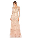 Style #9237 Mac Duggal High neck flutter cap long sleeve tiered embellished gown- blush 