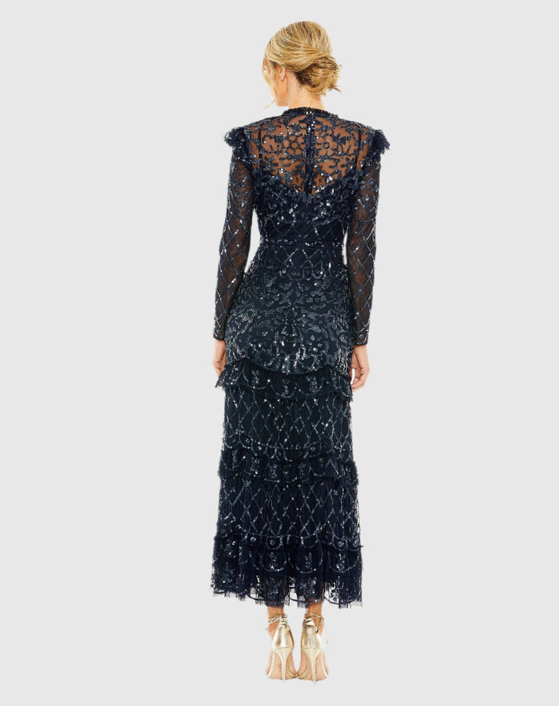 High Neck Tiered Embellished Dress - Midnight