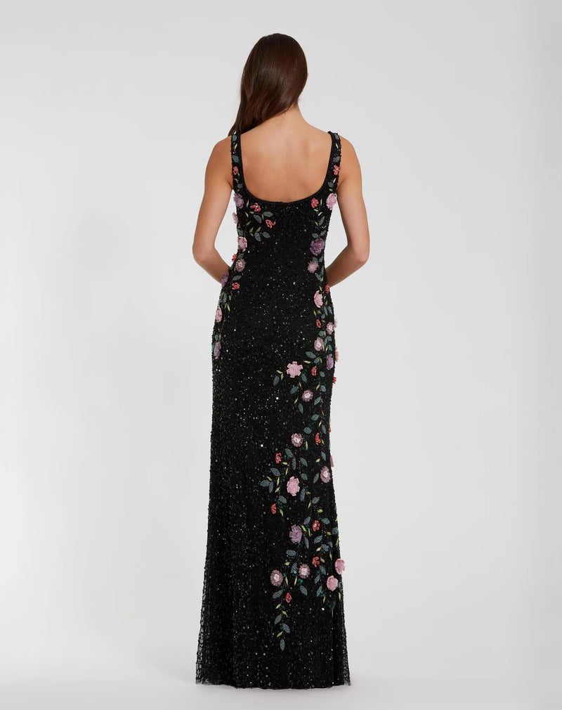 Floral Beaded Mesh Scoop Neck Sleeveless Gown - Black