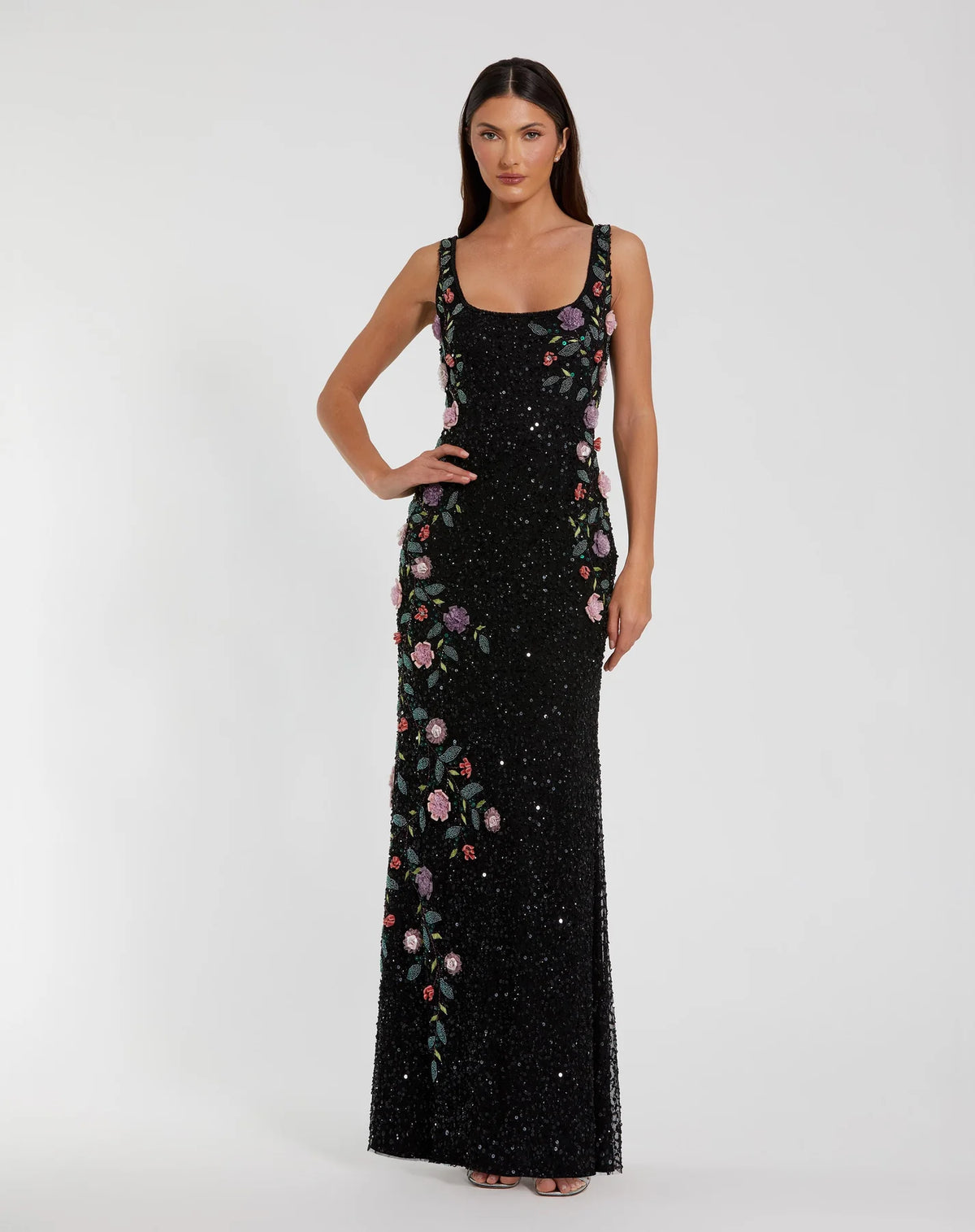 Mac Duggal #9340 Black Floral Beaded Mesh Scoop Neck Sleeveless Gown 