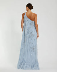 Bow Embellished Mesh One Shoulder High Low Gown - Powder Blue