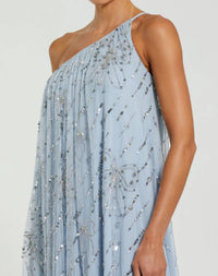 Bow Embellished Mesh One Shoulder High Low Gown - Powder Blue