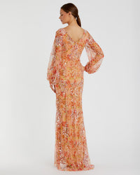 Floral Print Sequin Puff Sleeve Gown - Apricot