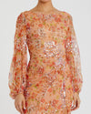 Floral Print Sequin Puff Sleeve Gown - Apricot