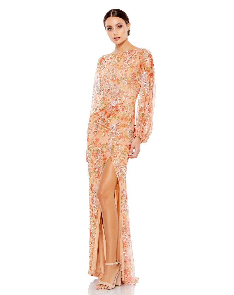 Floral Print Sequin Puff Sleeve Gown - Apricot