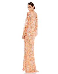 Floral Print Sequin Puff Sleeve Gown - Apricot