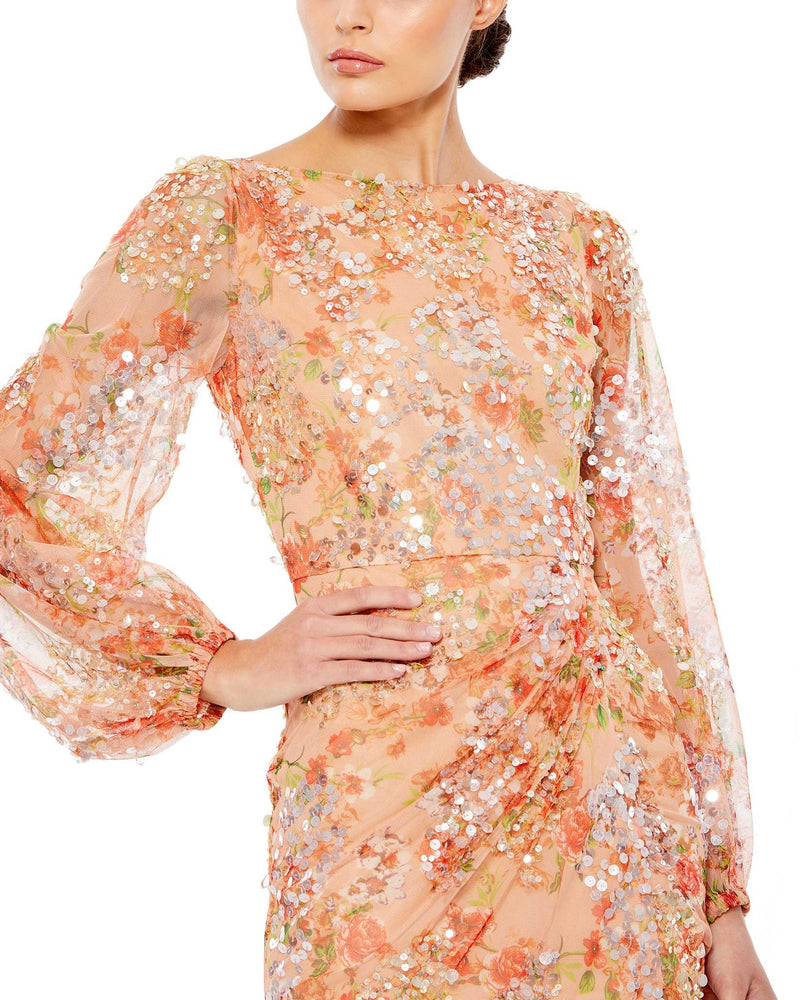 Floral Print Sequin Puff Sleeve Gown - Apricot