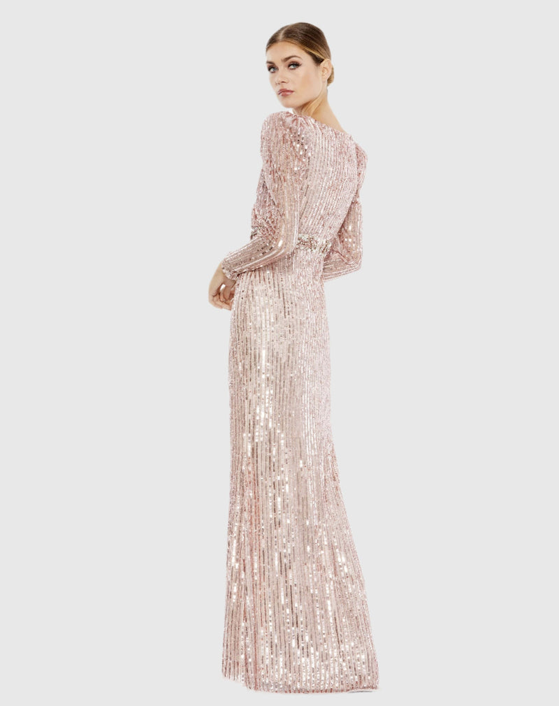 Sequin Puff Long Sleeve Gown - Rose Gold