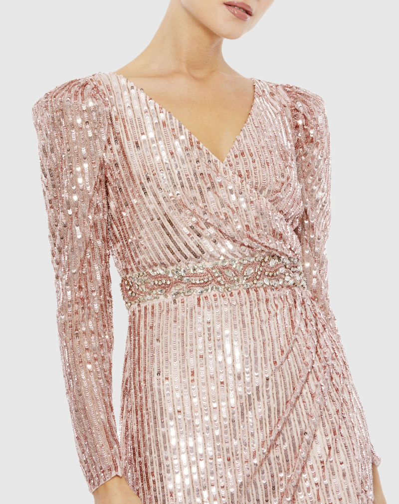 Sequin Puff Long Sleeve Gown - Rose Gold