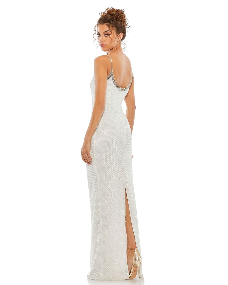 Mac Duggal, Beaded Spaghetti Column 90's Gown - White, Style #93551 back