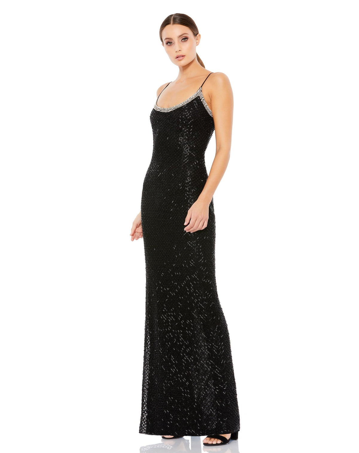 Mac Duggal, Beaded Spaghetti Column 90's Gown - black, Style #93551 close up