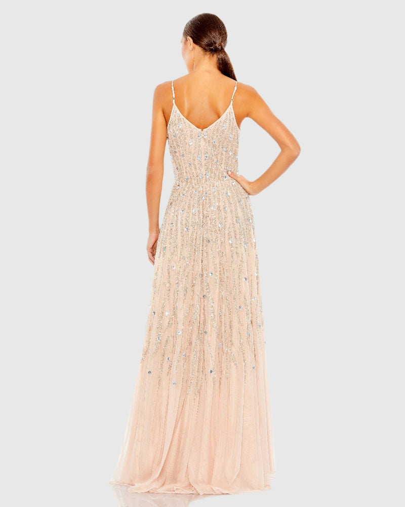 Embellished V Neck Sleeveless Column Gown - Fusion Blue