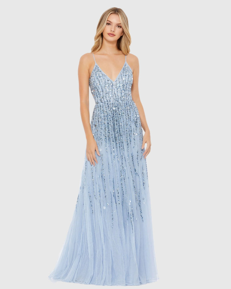 Mac Duggal #93566 Embellished V Neck Sleeveless Column Gown - Blue