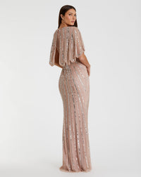 Sequin V Neck Cape Gown - Vintage Rose