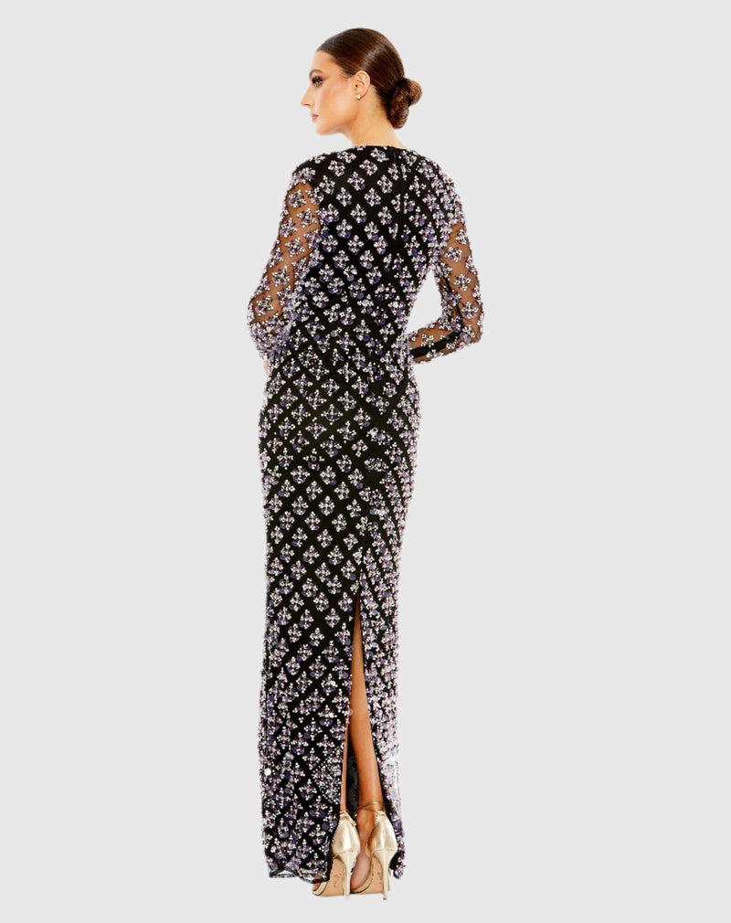 Long sleeve hand beaded crystal rhinestone dress - Black