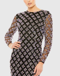 Long sleeve hand beaded crystal rhinestone dress - Black