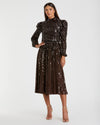 Mac Duggal, Long Sleeve Sequin Tea Length Modest Dress Brown Sequin #93642 Dark Chocolate 