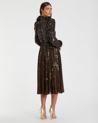 Long Sleeve Sequin Tea Length Modest Dress - Dark Chocolate