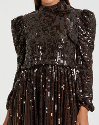 Long Sleeve Sequin Tea Length Modest Dress - Dark Chocolate