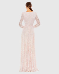 Beaded Lace Long Sleeve Wrap Over Gown - Pink