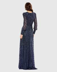 Beaded Lace Long Sleeve Wrap Over Gown - Midnight