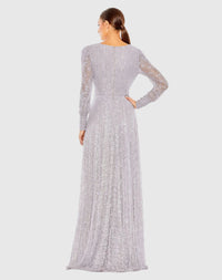 Beaded Lace Long Sleeve Wrap Over Gown - Lavender