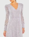 Beaded Lace Long Sleeve Wrap Over Gown - Lavender