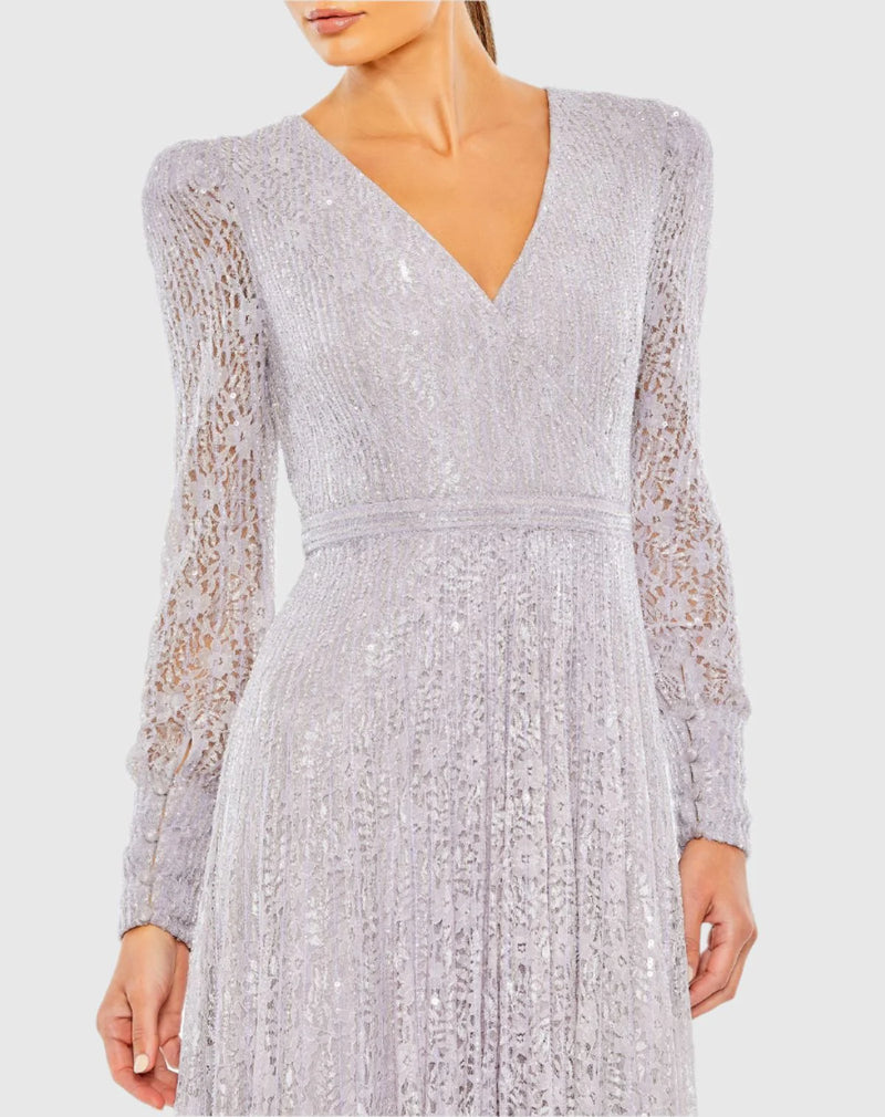 Beaded Lace Long Sleeve Wrap Over Gown - Lavender