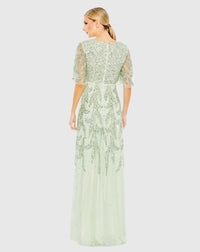 Sequined Butterfly Sleeve High Low Gown - Sage