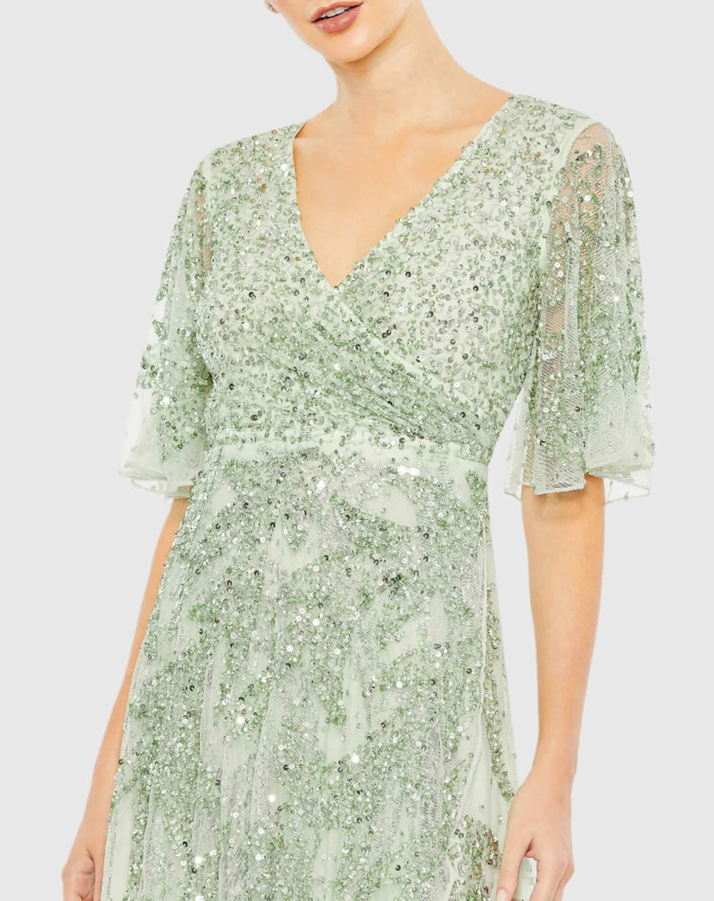 Sequined Butterfly Sleeve High Low Gown - Sage