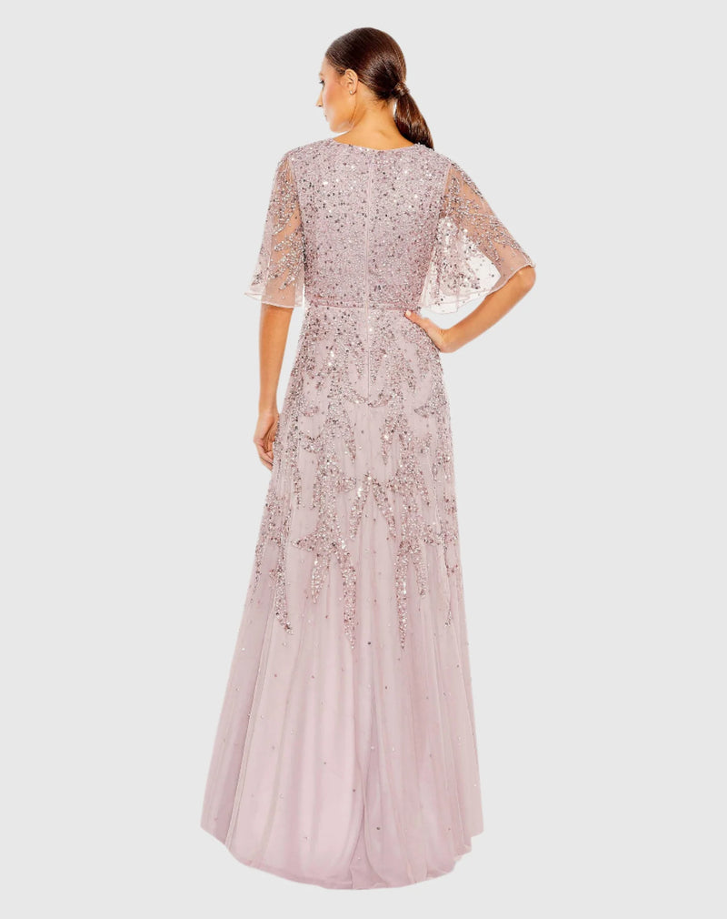 Sequined Butterfly Sleeve High Low Gown - Sage