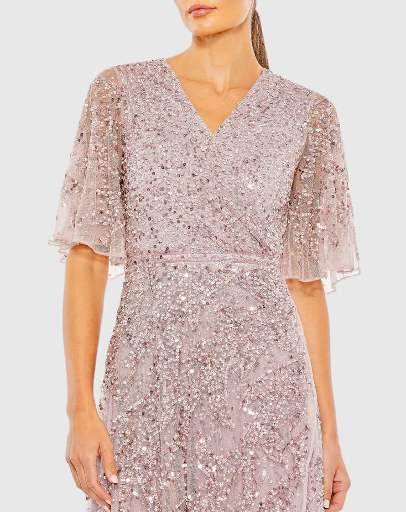 Sequined Butterfly Sleeve High Low Gown - Sage