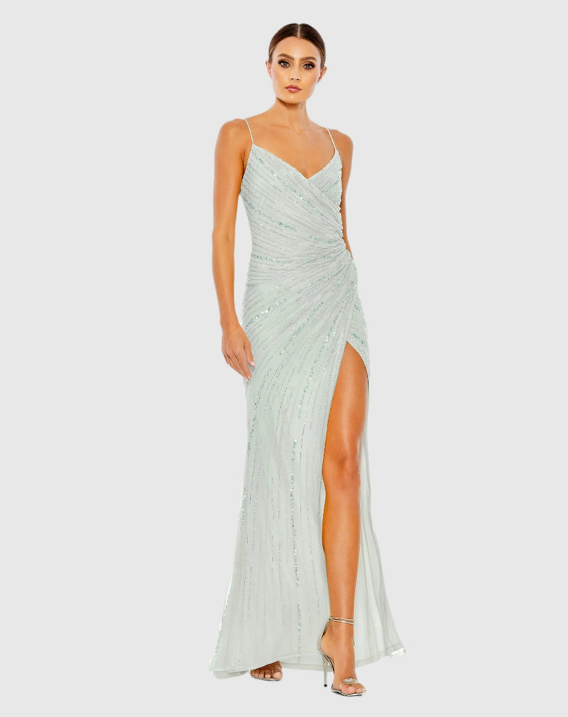 Mac Duggal, Beaded Sleeveless Faux Wrap Gown Mint #93733 