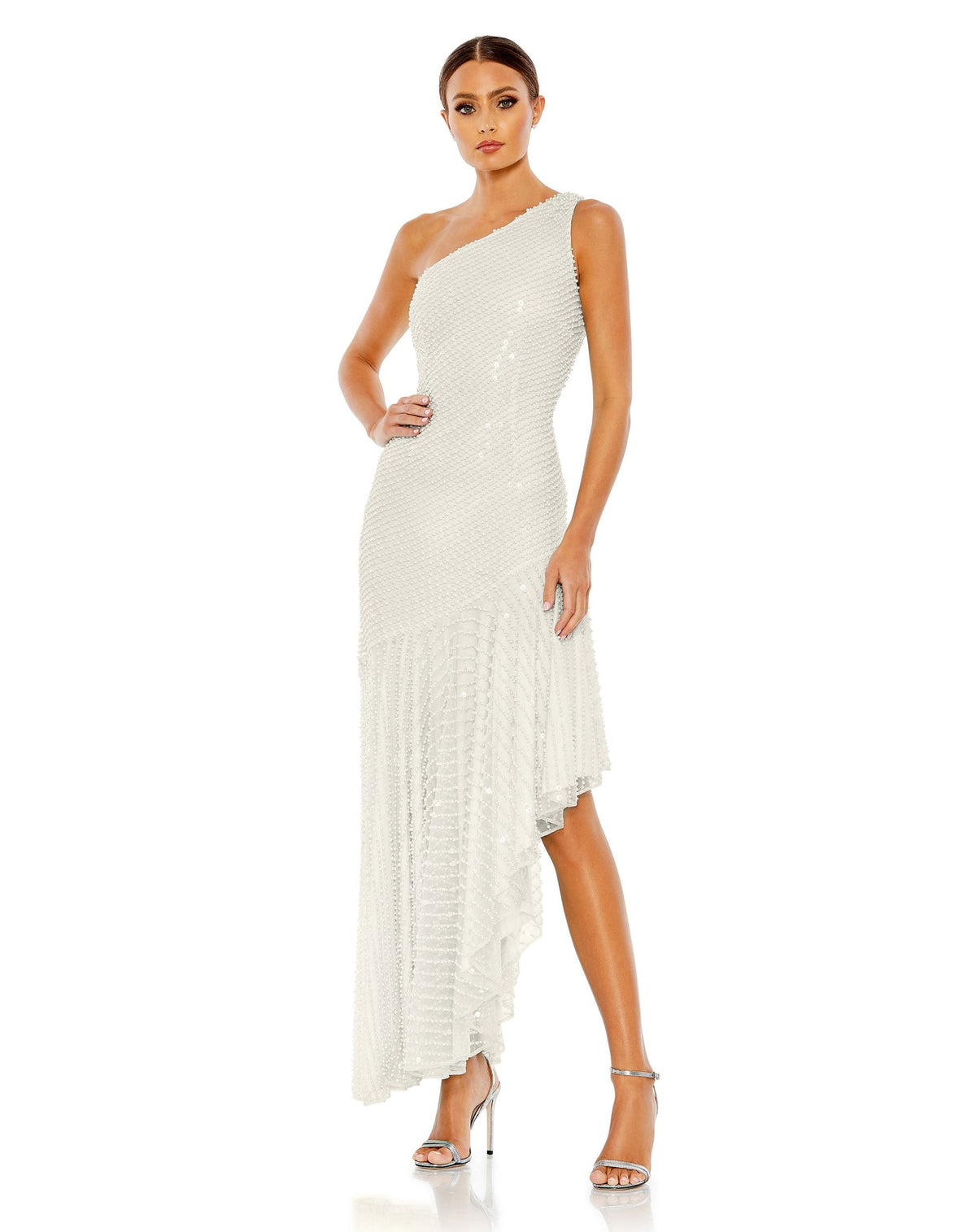 Mac Duggal #93741 One Shoulder Asymmetrical Hem Dress - White