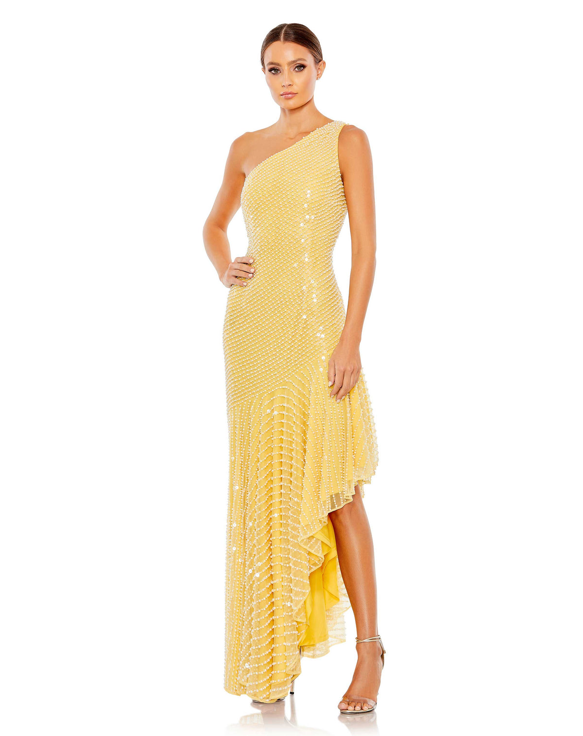 Mac Duggal #93741 One Shoulder Asymmetrical Hem Dress - Yellow