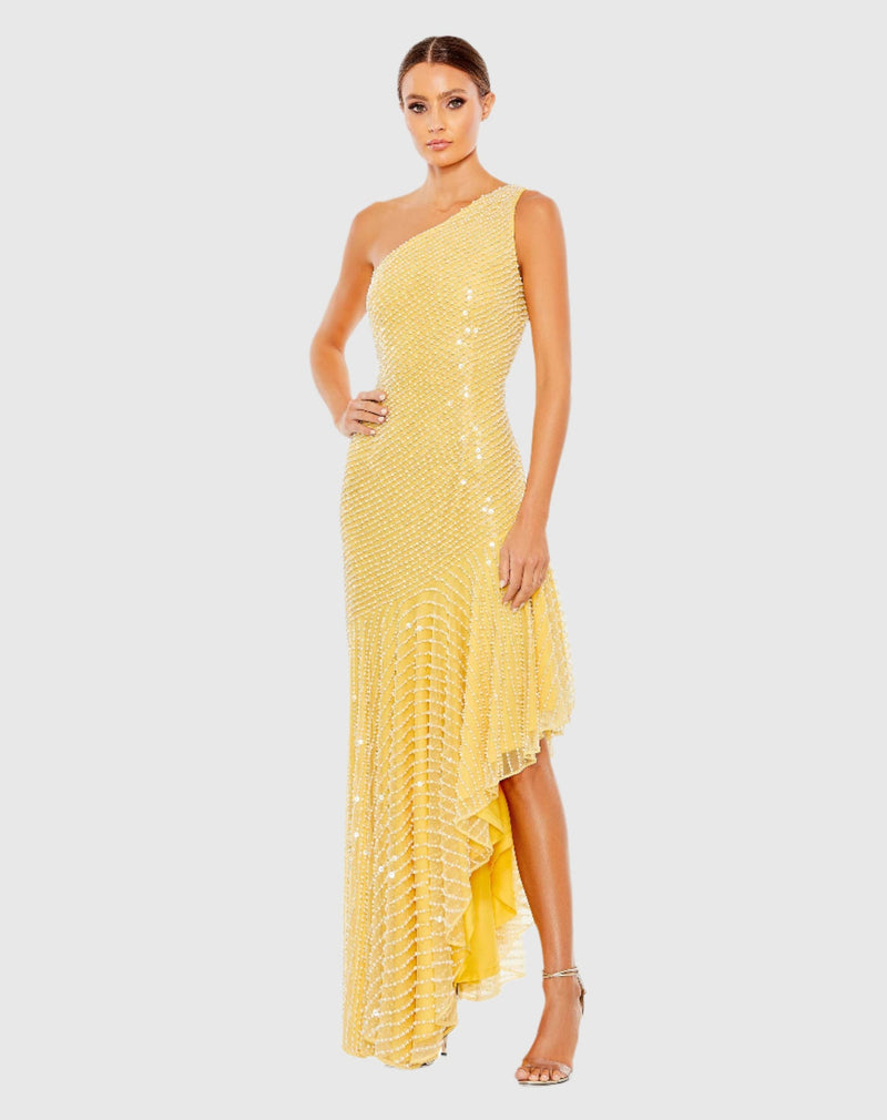 Mac Duggal #93741 One Shoulder Asymmetrical Hem Dress - Yellow