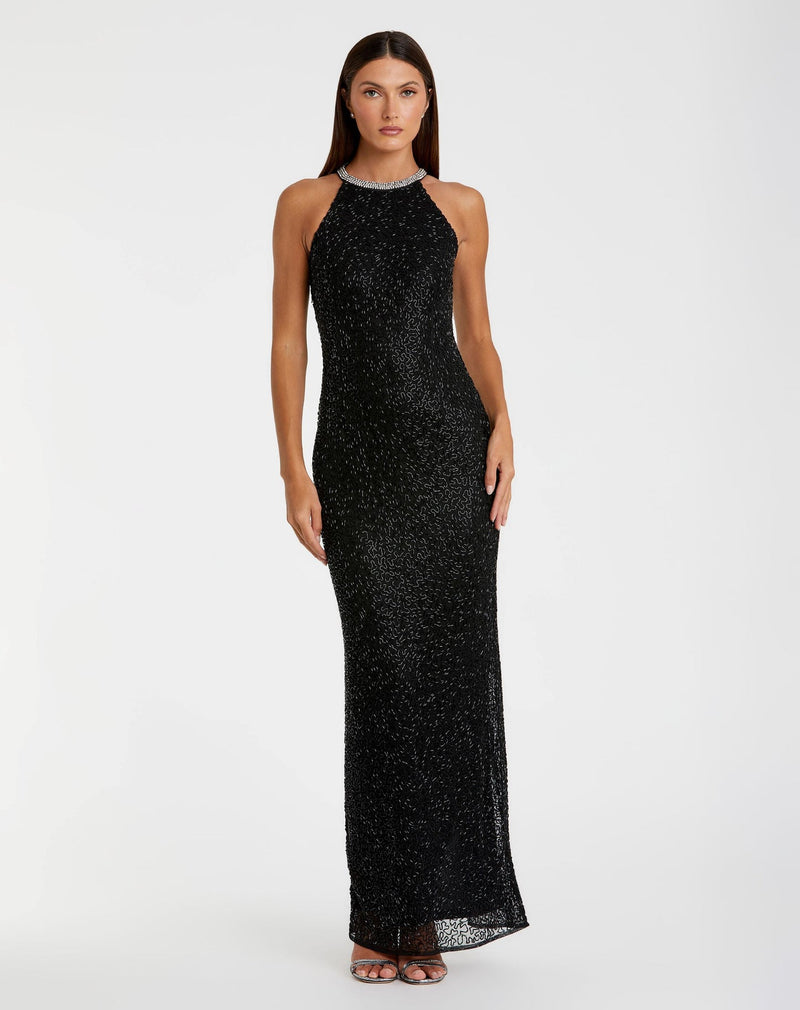 Mac Duggal, Black Beaded Sleeveless High Neck Column Gown #93742