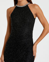 Beaded Sleeveless High Neck Column Gown - Black