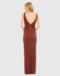 Sequin Sleeveless Plunge Neck Gown - Brick