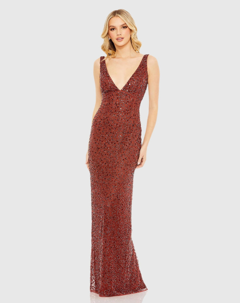 Mac Duggal, Sequin Sleeveless Plunge Neck Gown - Brick #93757