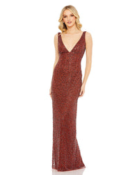 MAC DUGGAL, Style #93757, SEQUINED SLEEVELESS V-NECK BACK SLIT GOWN, BRICK