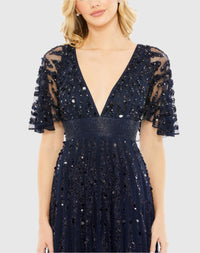 Embellished V-neck Column Gown - Midnight Blue